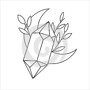 Vector line drawing, graphic. mystical, esoteric composition. crystal moon and leaves. celestial